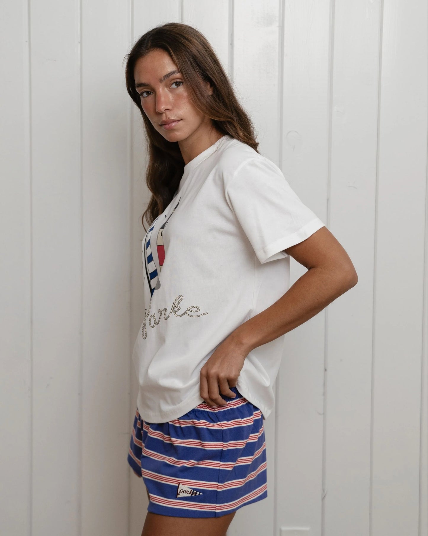 Nautical Sailboat & Lighthouse Graphic T-Shirt – White Oversized Cotton Tee