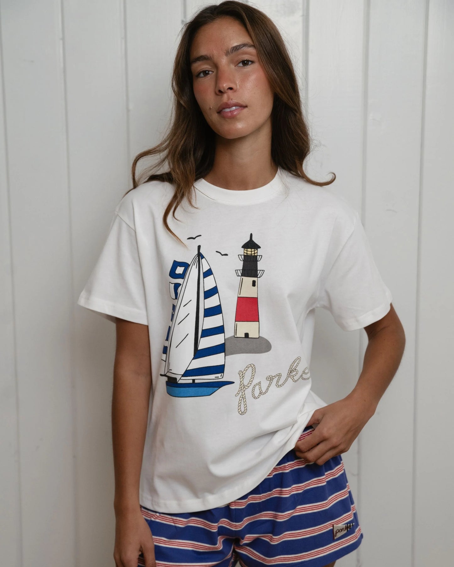 Nautical Sailboat & Lighthouse Graphic T-Shirt – White Oversized Cotton Tee