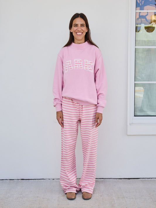 Pink Varsity Mockneck — Candy Stripe Lettering