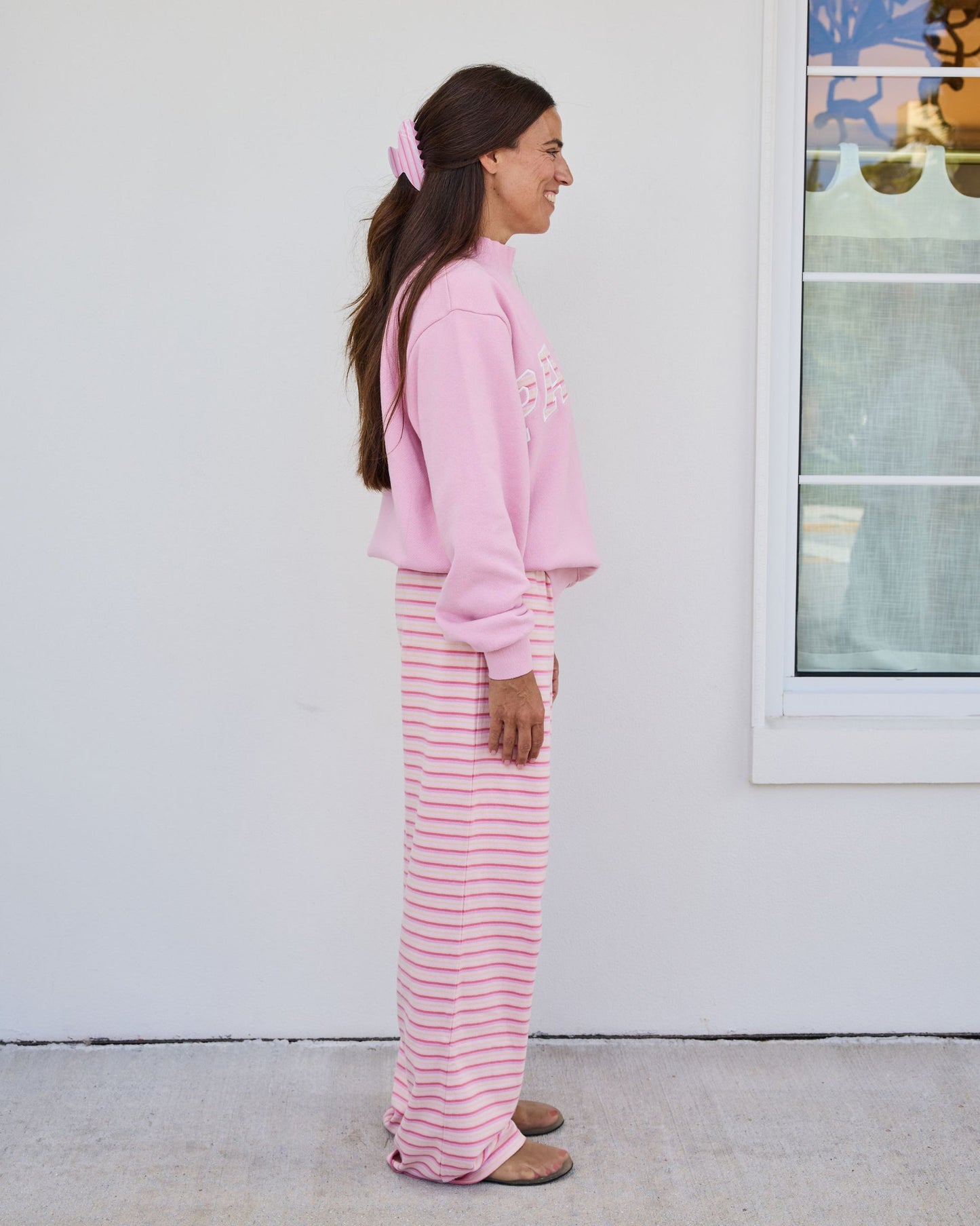 Pink Varsity Mockneck — Candy Stripe Lettering