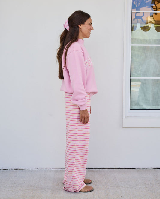 Pink Varsity Mockneck — Candy Stripe Lettering