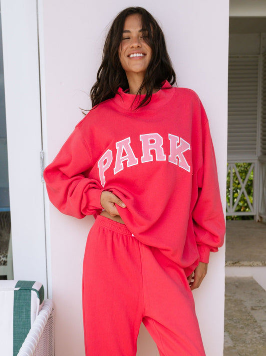 Hot Pink Varsity Mockneck — Tonal Lettering