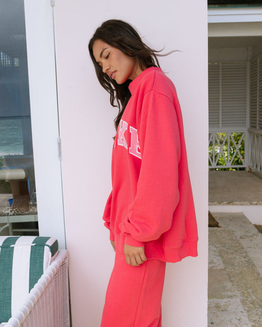 Hot Pink Varsity Mockneck — Tonal Lettering