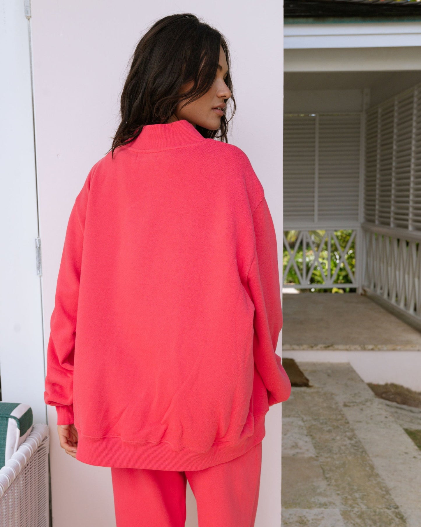 Hot Pink Varsity Mockneck — Tonal Lettering