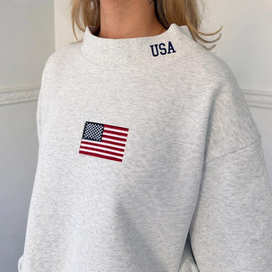 USA Flag Embroidered Mock Neck Sweatshirt