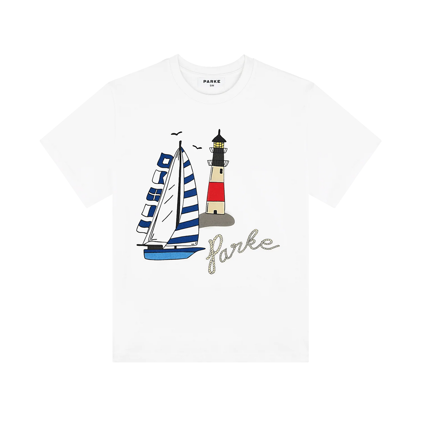 Nautical Sailboat & Lighthouse Graphic T-Shirt – White Oversized Cotton Tee